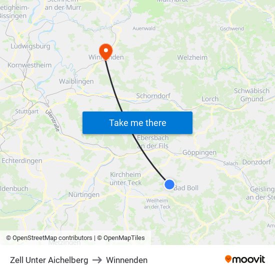 Zell Unter Aichelberg to Winnenden map