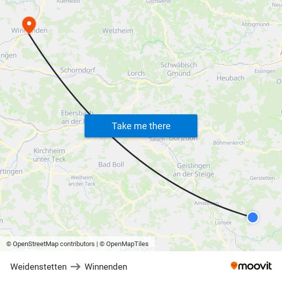 Weidenstetten to Winnenden map