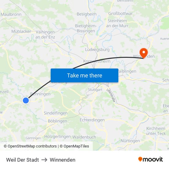 Weil Der Stadt to Winnenden map