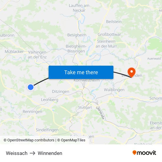 Weissach to Winnenden map
