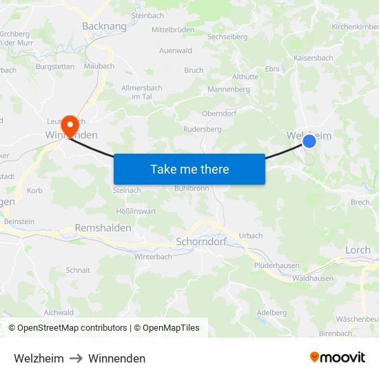 Welzheim to Winnenden map