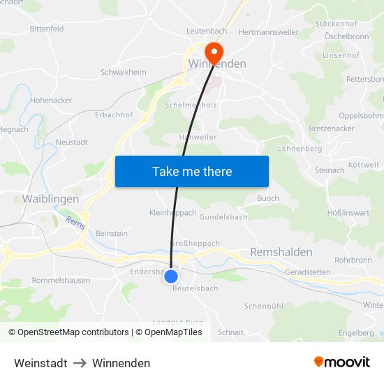 Weinstadt to Winnenden map