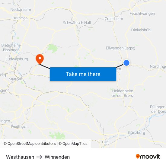 Westhausen to Winnenden map