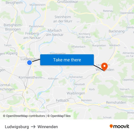 Ludwigsburg to Winnenden map