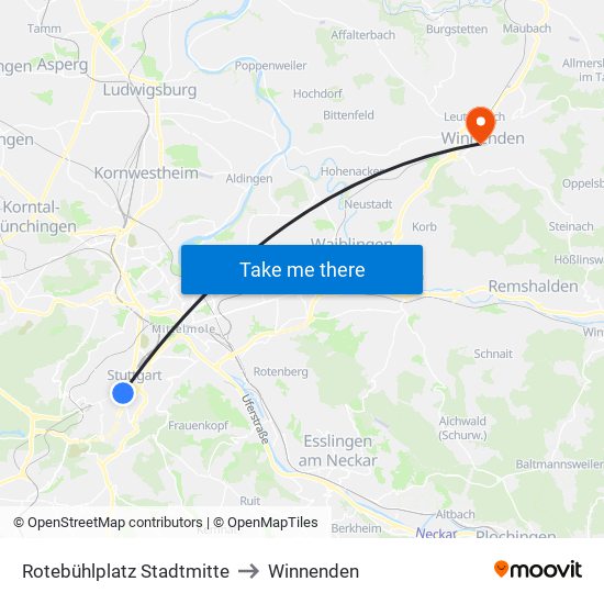 Rotebühlplatz Stadtmitte to Winnenden map