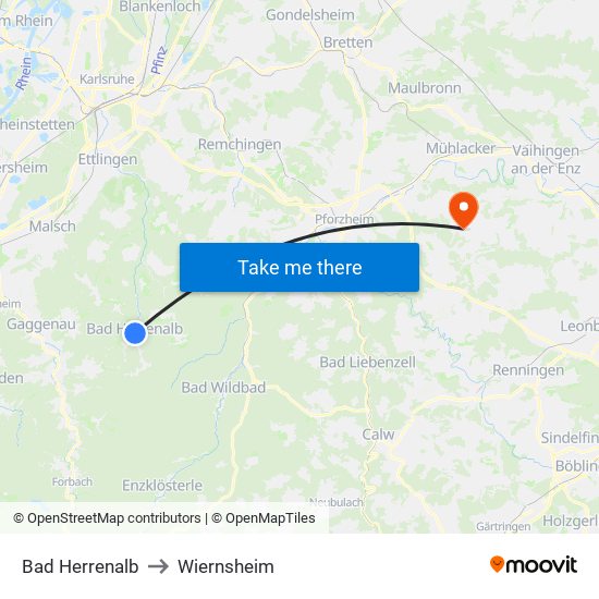 Bad Herrenalb to Wiernsheim map