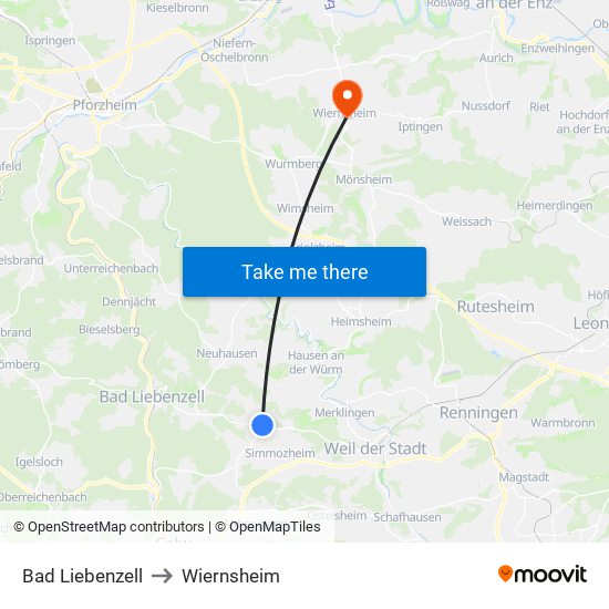 Bad Liebenzell to Wiernsheim map