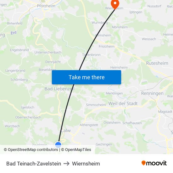 Bad Teinach-Zavelstein to Wiernsheim map