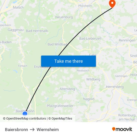 Baiersbronn to Wiernsheim map
