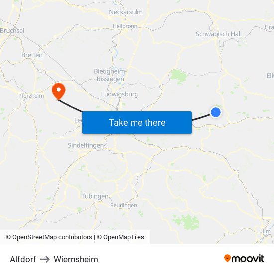 Alfdorf to Wiernsheim map