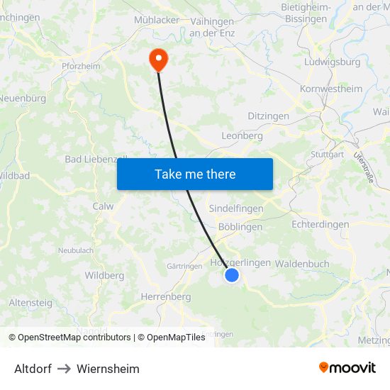 Altdorf to Wiernsheim map