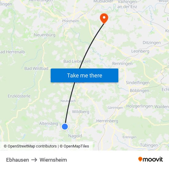 Ebhausen to Wiernsheim map