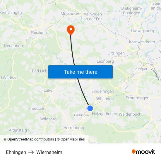 Ehningen to Wiernsheim map