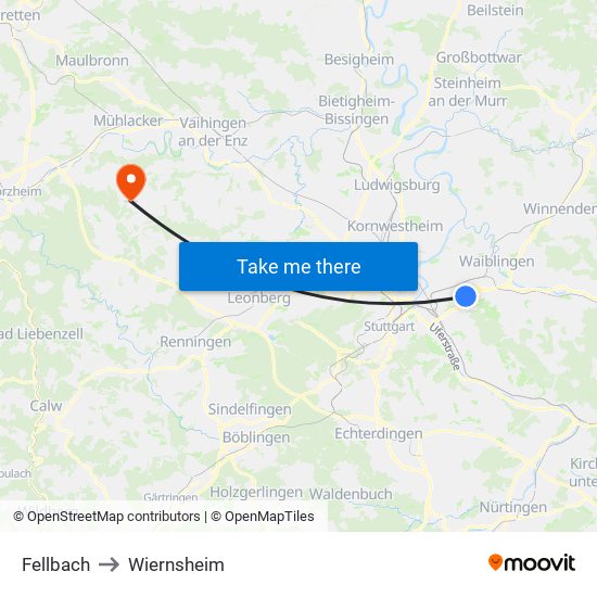 Fellbach to Wiernsheim map