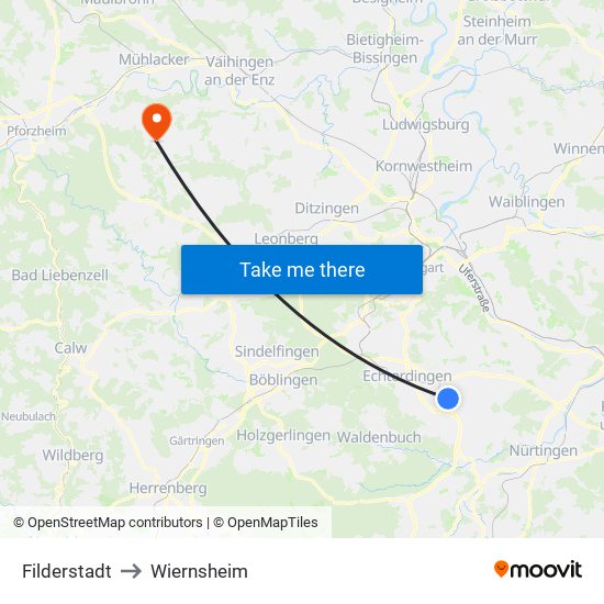 Filderstadt to Wiernsheim map