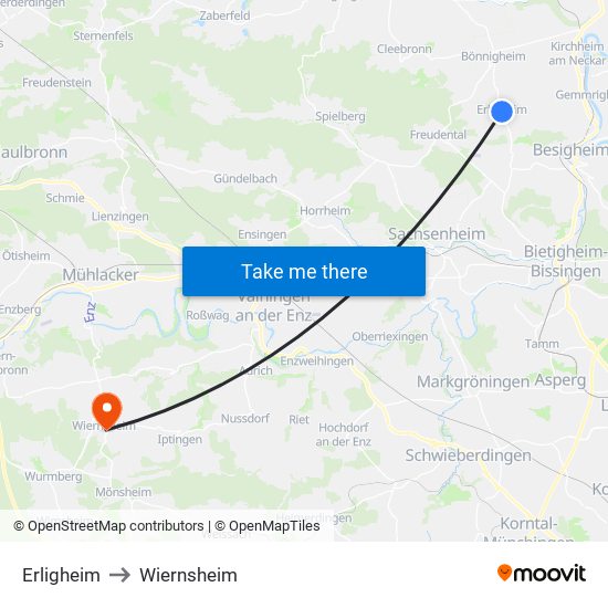 Erligheim to Wiernsheim map