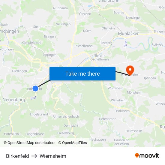 Birkenfeld to Wiernsheim map