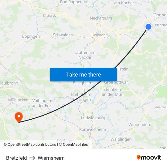 Bretzfeld to Wiernsheim map
