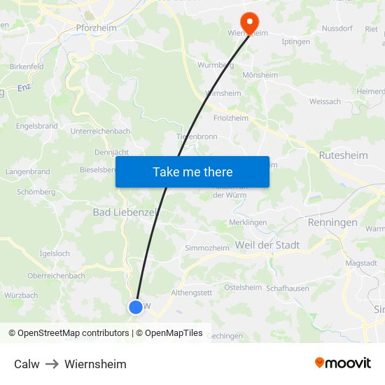 Calw to Wiernsheim map