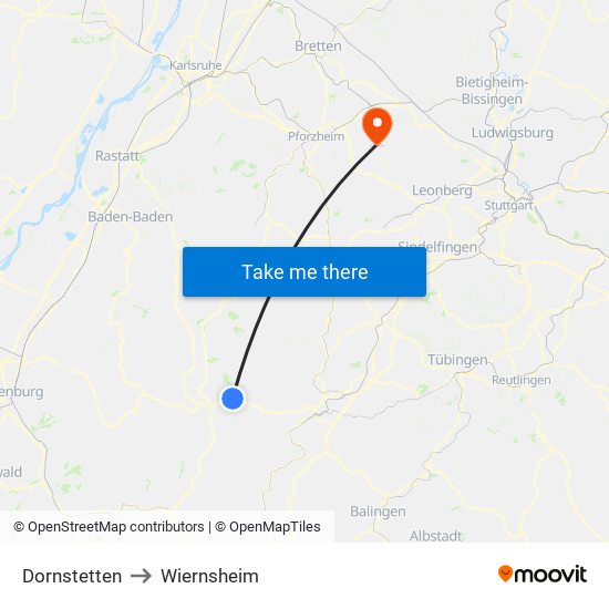 Dornstetten to Wiernsheim map