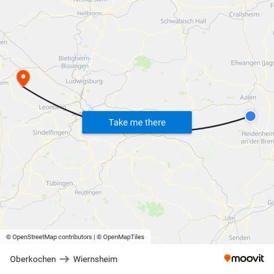 Oberkochen to Wiernsheim map