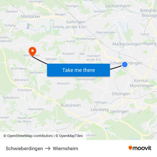 Schwieberdingen to Wiernsheim map