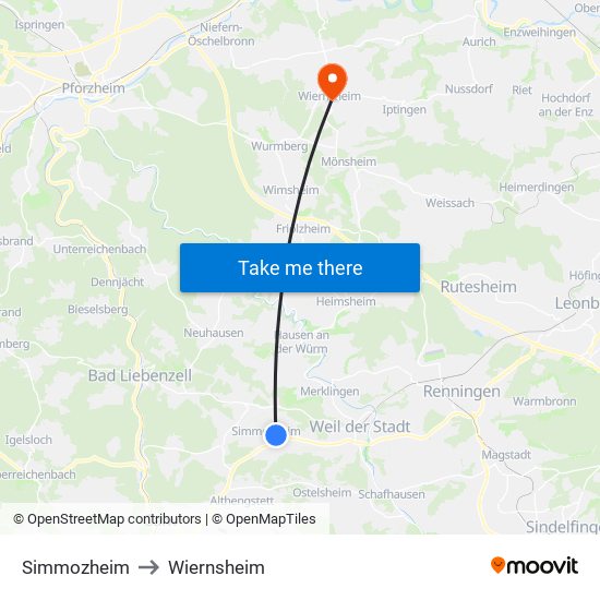 Simmozheim to Wiernsheim map