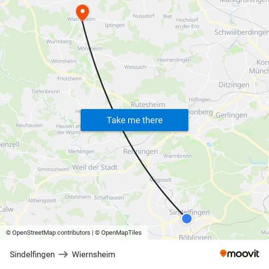 Sindelfingen to Wiernsheim map