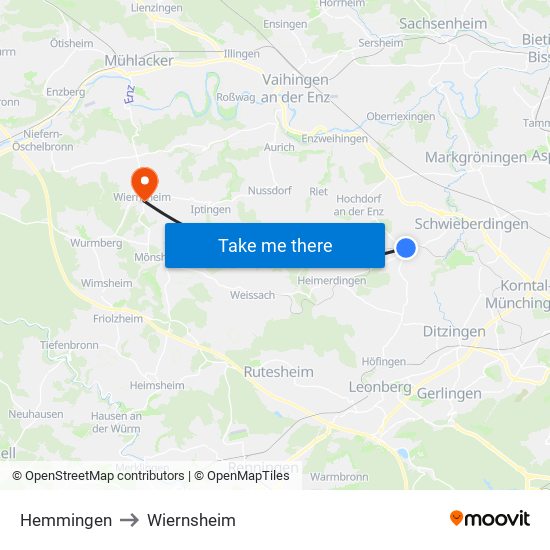 Hemmingen to Wiernsheim map