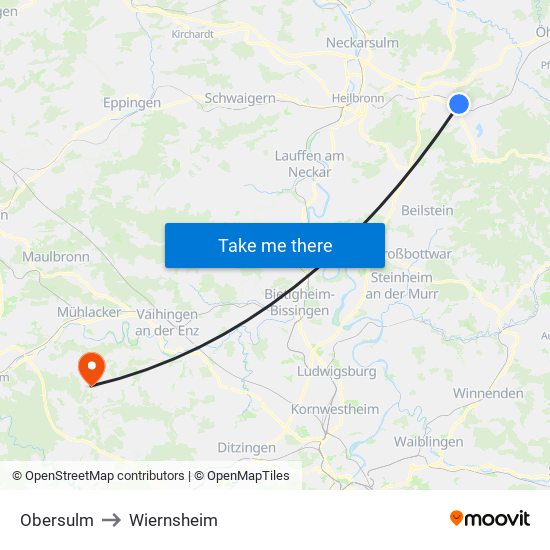 Obersulm to Wiernsheim map