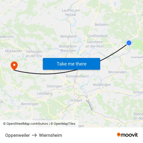 Oppenweiler to Wiernsheim map