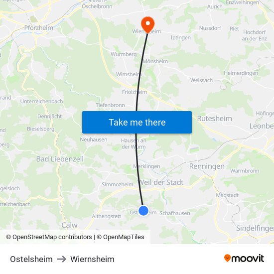 Ostelsheim to Wiernsheim map