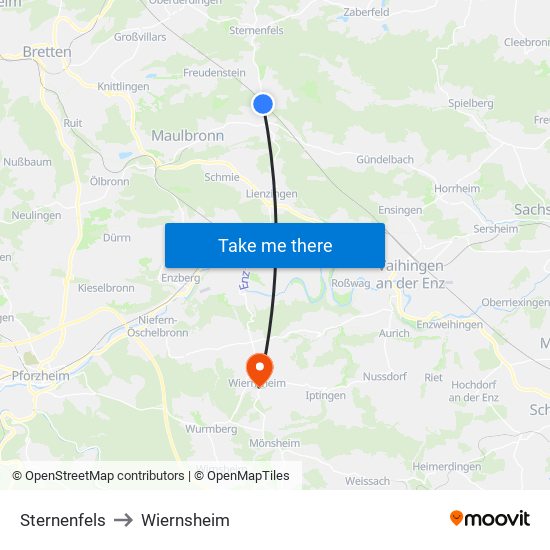Sternenfels to Wiernsheim map