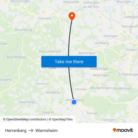 Herrenberg to Wiernsheim map