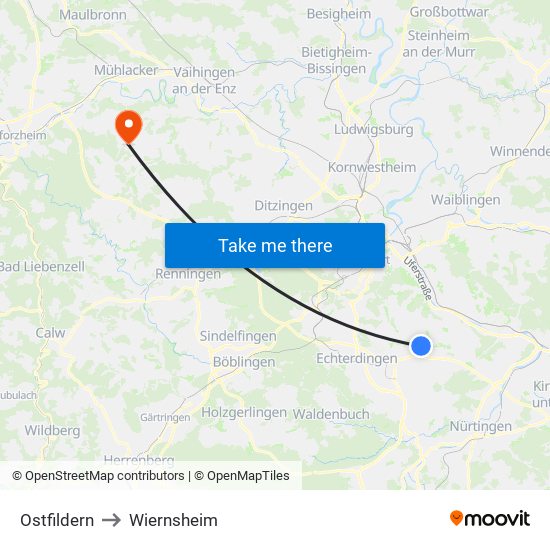 Ostfildern to Wiernsheim map