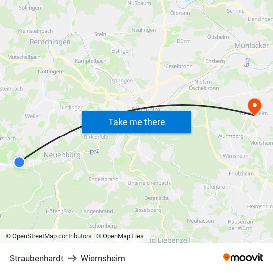 Straubenhardt to Wiernsheim map