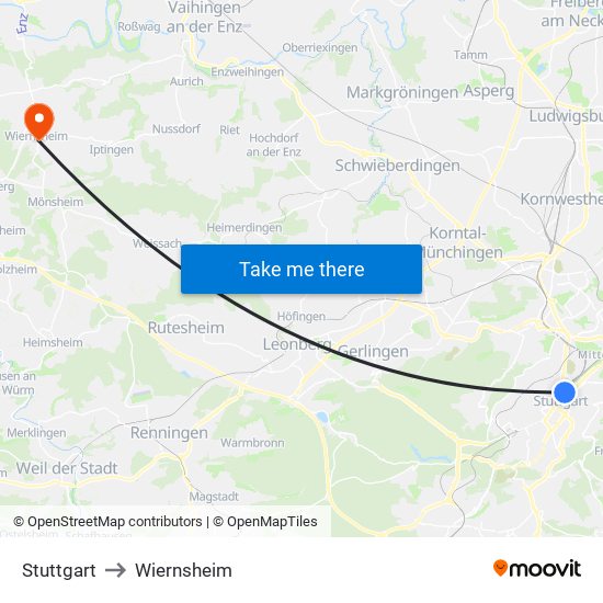 Stuttgart to Wiernsheim map