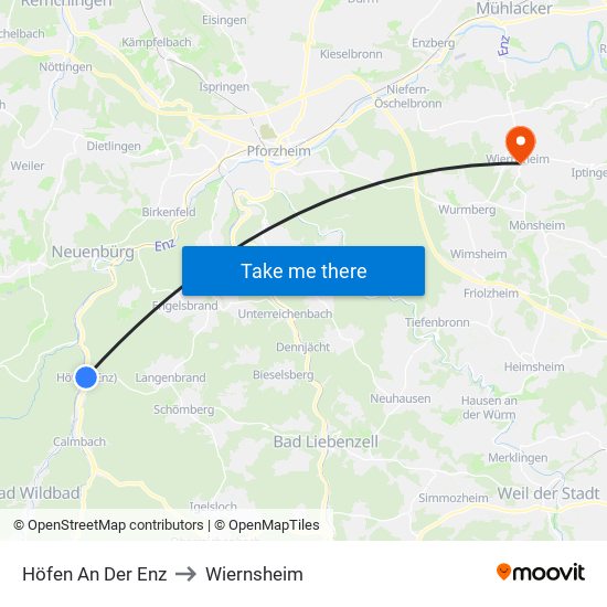 Höfen An Der Enz to Wiernsheim map