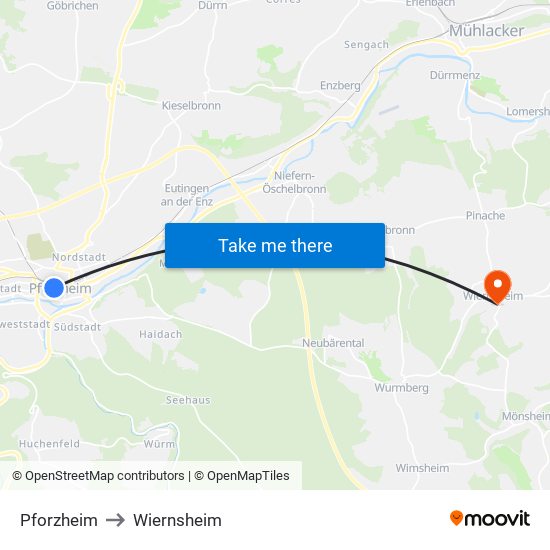 Pforzheim to Wiernsheim map