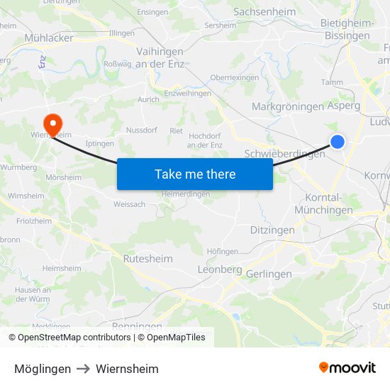 Möglingen to Wiernsheim map