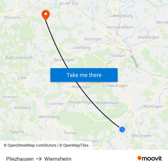 Pliezhausen to Wiernsheim map