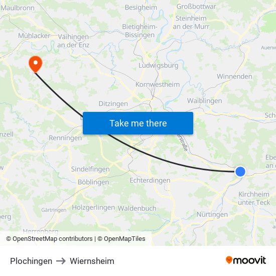 Plochingen to Wiernsheim map
