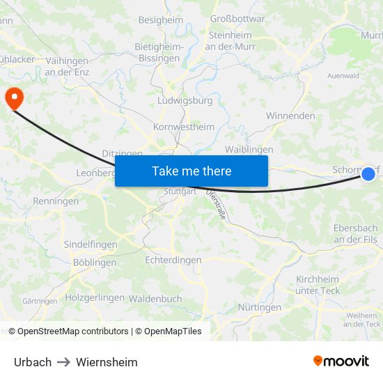 Urbach to Wiernsheim map