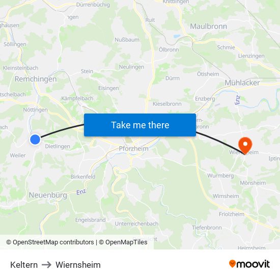 Keltern to Wiernsheim map