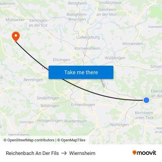 Reichenbach An Der Fils to Wiernsheim map