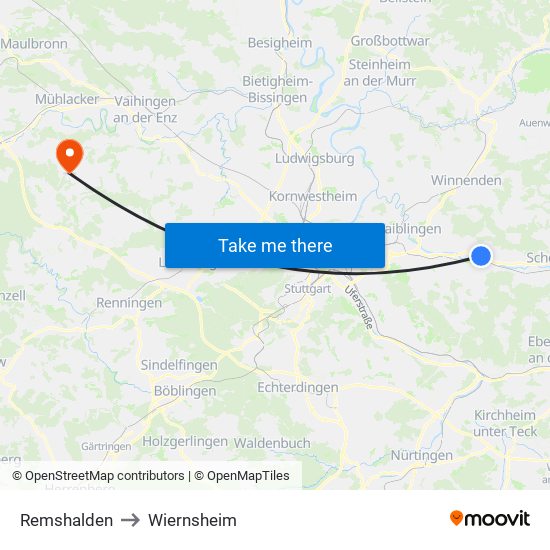 Remshalden to Wiernsheim map