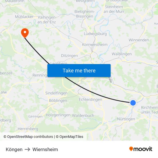 Köngen to Wiernsheim map