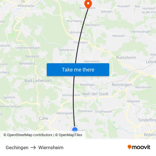Gechingen to Wiernsheim map