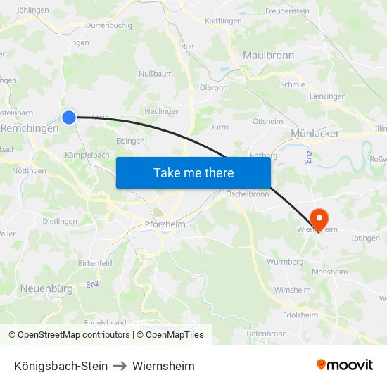 Königsbach-Stein to Wiernsheim map