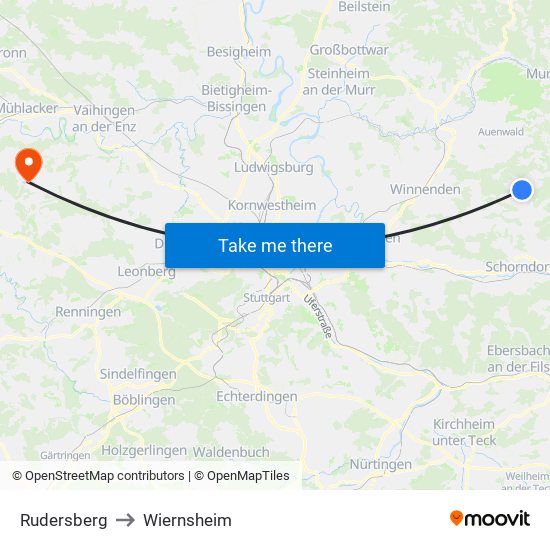 Rudersberg to Wiernsheim map